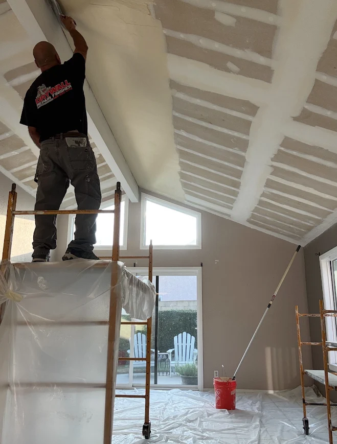 CERRITOS Popcorn Drywall Ceiling Removal and Expert Skim Coating, Sanding, and Painting Finish for Los Angeles Orange County Cathedrals and Homes SOUTH BAY Drywall Repair Finishers