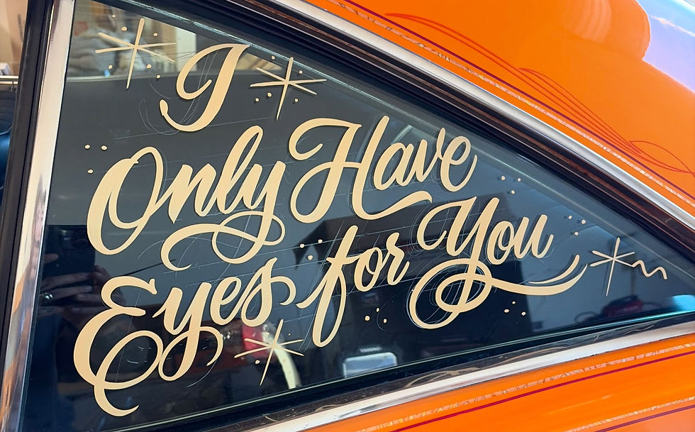 Custom Hand-Painted Glass Windows Signs on Vintage Cars SMART ALEX HAND-PAINTED SIGNS Orange County Hand-Painted Signs Company LA Trade Tech Sign Alumni Hand-Painted Sign Artist Alex Kurakake Huntington Beach 714-515-6205