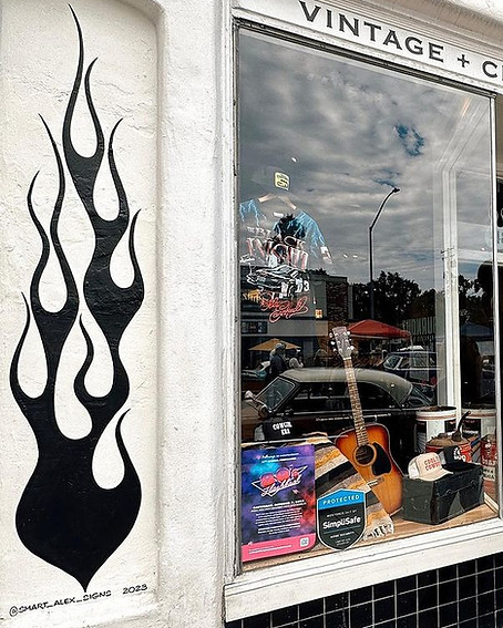 BURNOUT Vintage Belmont Shore 4804 2nd St. Long Beach CA 90803 Retail Storefront Hand-Painted Sign Package: Black Flame Design by Sign Artist Alex Kurakake of Smart Alex Signs - Orange County Hand-Painted Sign Company in Los Angeles, Irvine, Anaheim, Torrance, Tarzana, UCLA. Call 714-515-6205