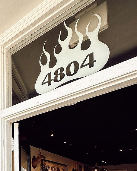 BURNOUT Vintage Belmont Shore 4804 2nd St. Long Beach CA 90803 Retail Storefront Hand-Painted Sign Package: Hand-Painted Address Numbers with White Flame Designed Background by Sign Artist Alex Kurakake of Smart Alex Signs - Orange County Hand-Painted Sign Company in Los Angeles, Irvine, Anaheim, Torrance, Tarzana, UCLA. Call 714-515-6205