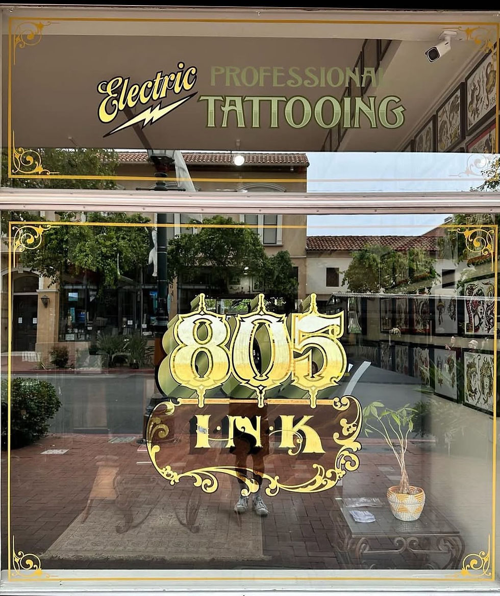 Featured Client: 805 Ink Santa Barbara California HUNTINGTON BEACH Tattoo Shop Businesses Custom Exterior Storefront Hand-Painted Sign Package Exterior Window Storefront Signs Exterior Front Door Storefront Signs Gold Leaf Gilding Exterior Storefront Hand-Painted Signs Smart Alex Hand-Painted Signs Orange County Hand-Painted Sign Company Los Angeles Trade Tech Sign Alumni Hand-Painted Sign Artist Alex Kurakake Southern California Sign Painting Workshops Call: 714-515-6205
