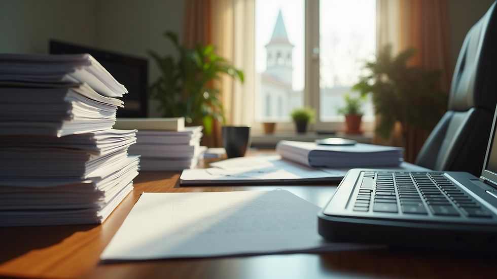 Eye-level view of a home office with stacks of paperwork
