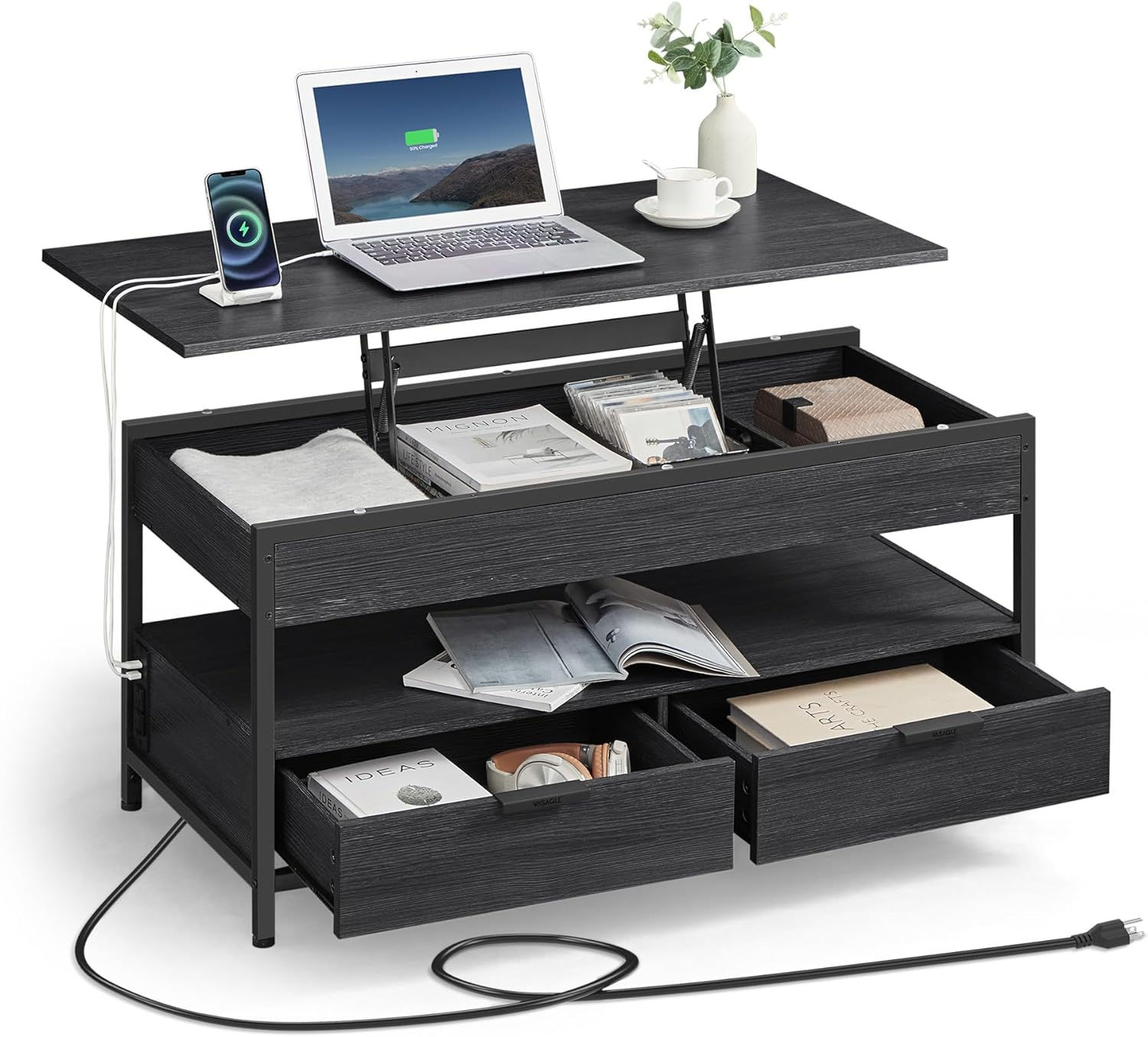 Black Lift Top Coffee Table with Charging Station