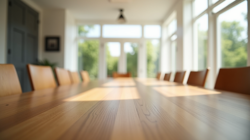 Close-up view of a wooden dining table with chairs in a bright room