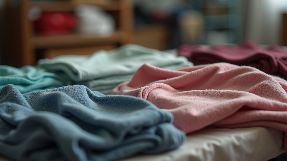 Close-up view of donated clothes organized for refugee families