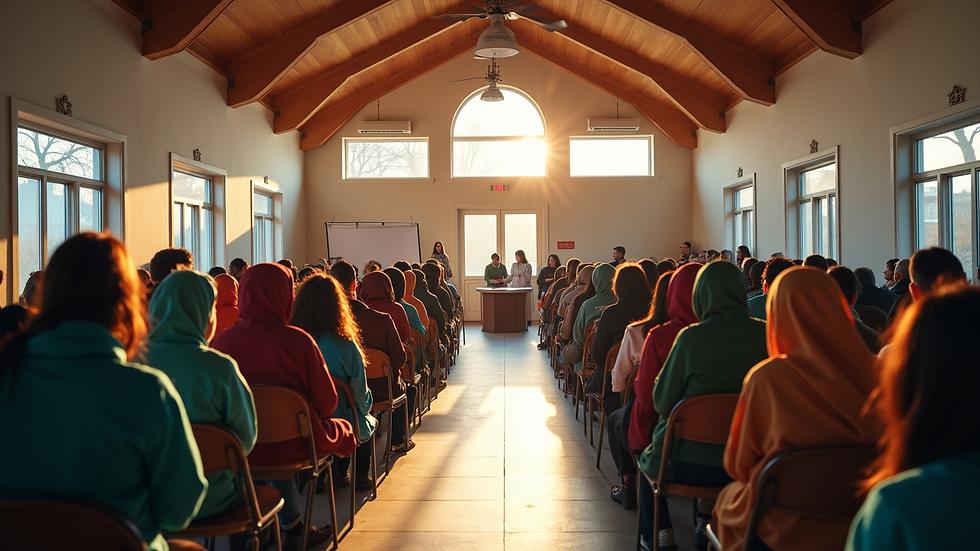 High angle view of a community center hosting a refugee support event