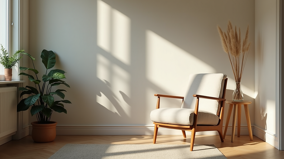 Eye-level view of a calm counselling room with a comfortable chair and soft lighting