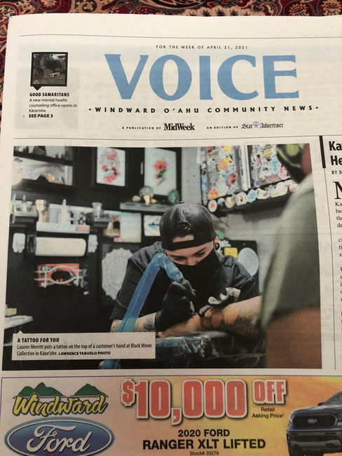 Lauren Tattoo shown on the cover of the Honolulu Star Advertiser. 
(Honolulu, Hawaii 2021)