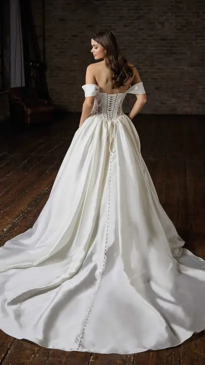 Back of Eddy K ballgown wedding dress with a sweetheart neckline and an off-shoulder body on a bridal model posing in a studio.