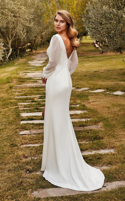 Ivory crepe sheath Chiffon long sleeves wedding dress with buttons along the train in garden wedding