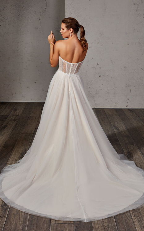 Strapless wedding dress ballgown with beaded lace, transparent bodice