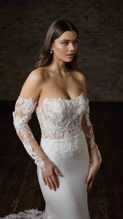 Close-up of Eddy K fit-n-flare wedding dress with a straight neckline and a strapless body on a bridal model posing in a studio.