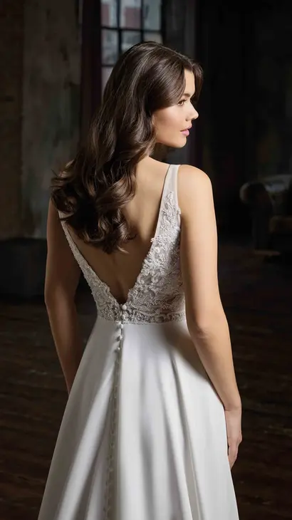 Back of Eddy K a-line wedding dress with a v-neck neckline and a sleeveless body on a bridal model posing in a studio.