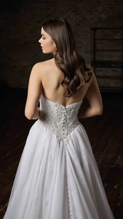 Close-up back of Eddy K ballgown wedding dress with a straight neckline and a strapless body on a bridal model posing in a studio.