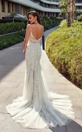 slim fit dress slacks Mermaid Champagne Wedding Dress V-Neck Lace Glitter Champagne / US:4-6 main image 0