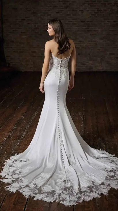 Back of Eddy K fit-n-flare wedding dress with a straight neckline and a strapless body on a bridal model posing in a studio.