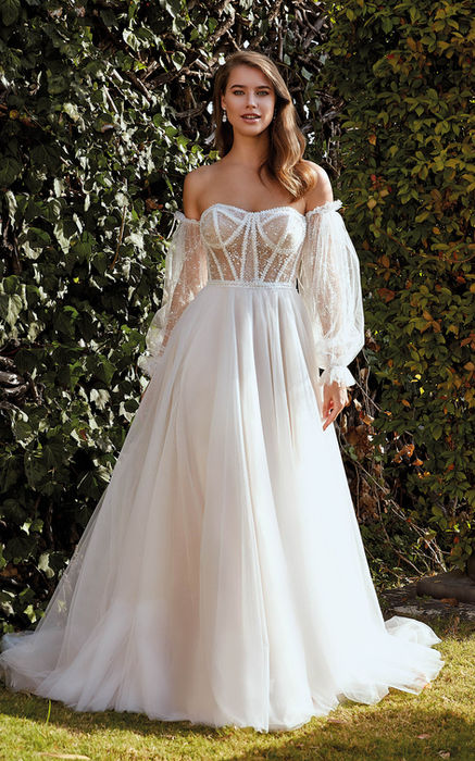 Wedding dress ballgown with beaded lace, transparent bodice, beaded off shoulder bishop sleeves in garden wedding