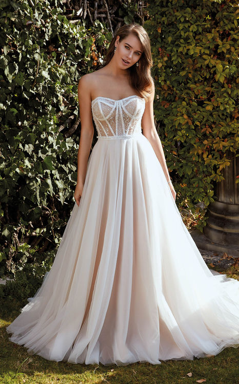 Strapless wedding dress ballgown with beaded lace, transparent bodice in garden wedding