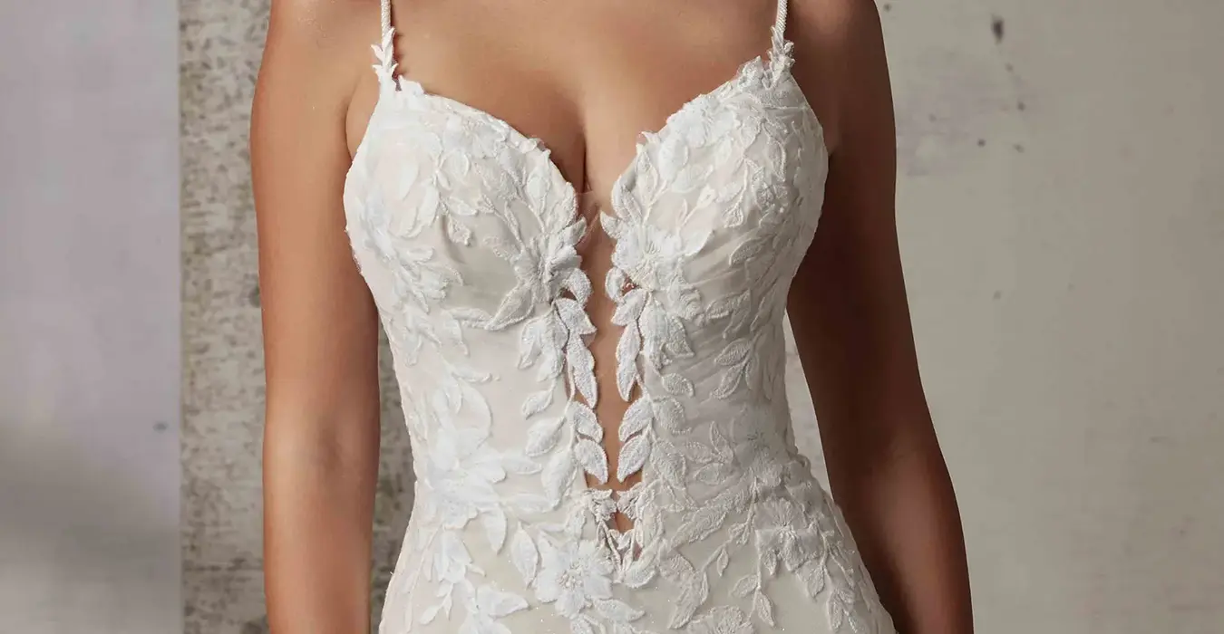 Close up of Eddy K lace wedding dress with spaghetti straps and skin cleavage standing in studio.