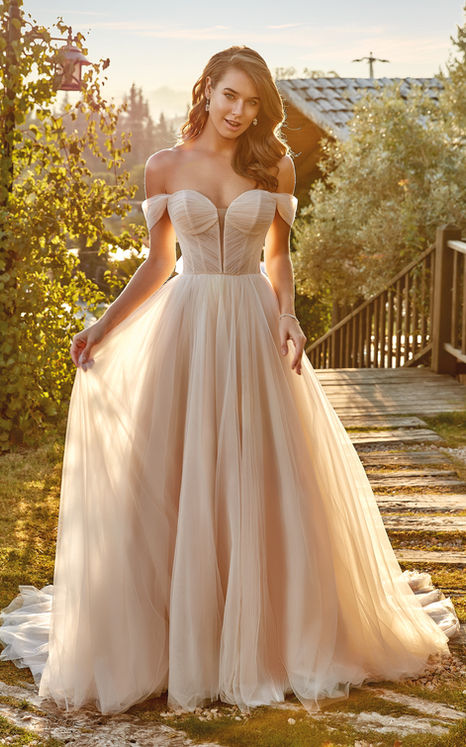 champagne tulle ballgown wedding dress with off shoulder sleeves in garden wedding
