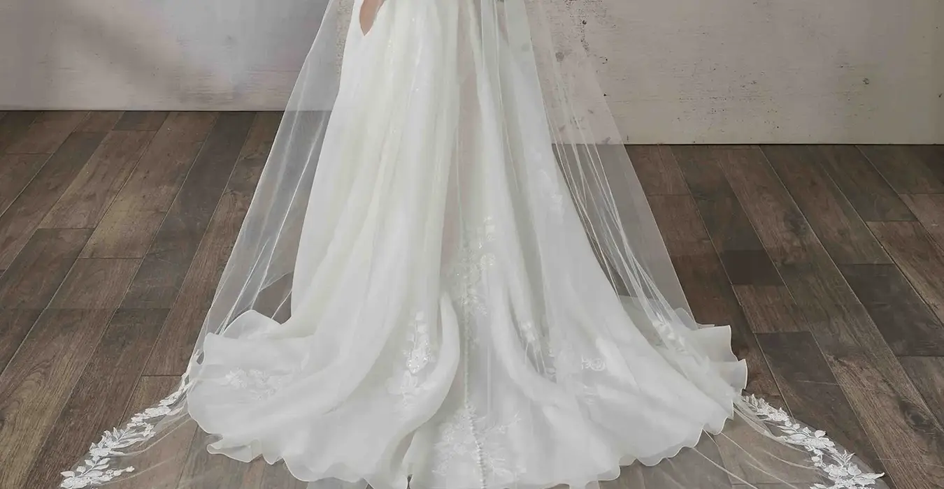Eddy K cathedral length veil with lace edges over tulle on bridal model wearing matching wedding dress and standing in studio.