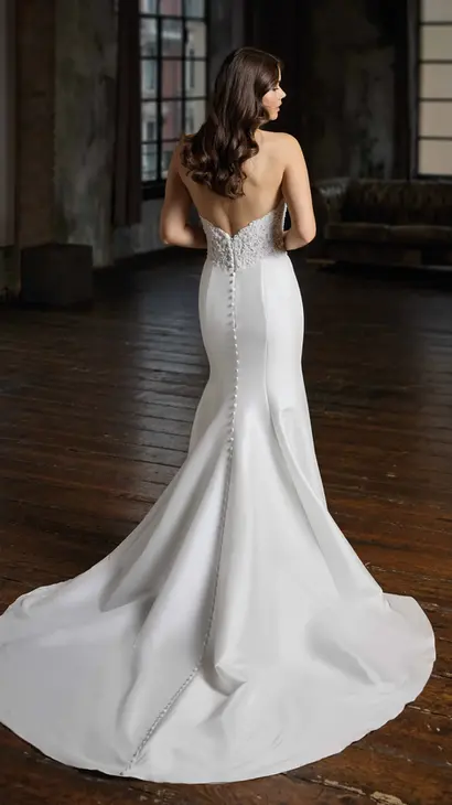 Back of Eddy K ballgown mermaid dress with a straight neckline and a strapless body on a bridal model posing in a studio.
