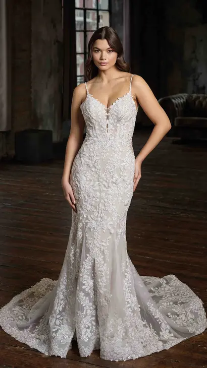 Eddy K fit-n-flare wedding dress with a v-neck neckline and a sleeveless body on a bridal model posing in a studio.