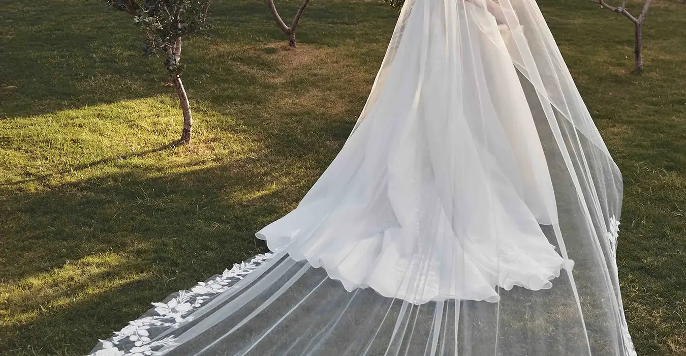 Eddy K cathedral length veil with lace edges over tulle on bridal model wearing matching wedding dress and standing in garden at sunset.