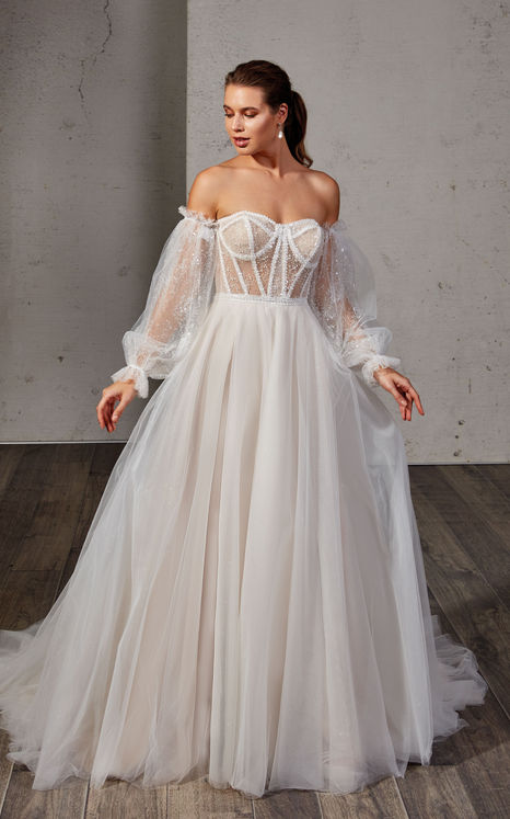 Wedding dress ballgown with beaded lace, transparent bodice, beaded off shoulder bishop sleeves