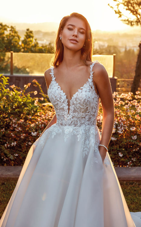 Organza wedding dress ballgown with beaded lace and pockets in garden wedding