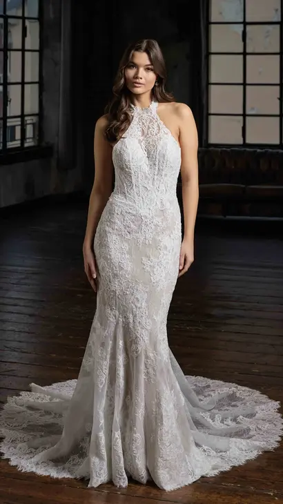 Eddy K fit-n-flare wedding dress with a halter neckline and a sleeveless body on a bridal model posing in a studio.