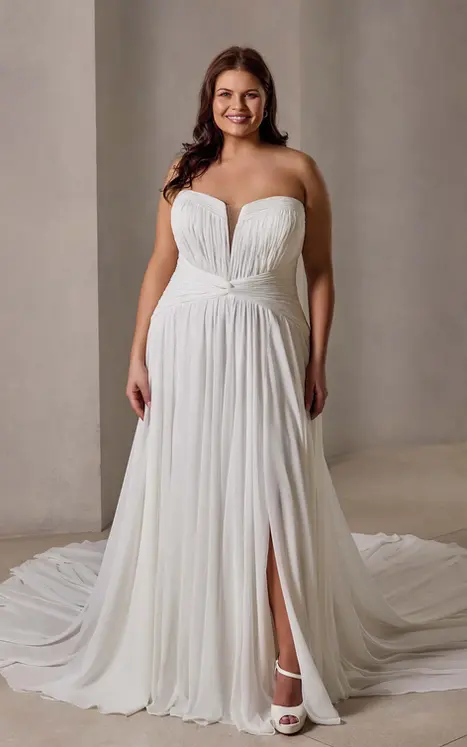 Eddy K chiffon a-line wedding dress with a sweetheart neckline and a strapless bodice on a bridal model standing in an elegant studio.