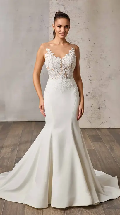 Eddy K satin mermaid wedding dress with an illusion neckline and a sleeveless body on a bridal model standing in bridal studio.