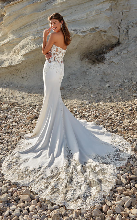 Back of Eddy K strapless wedding gown on long haired fair skinned woman standing on beach. 
