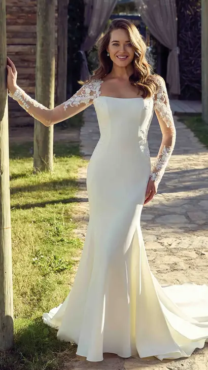 Eddy K crêpe fit-n-flare wedding dress with a straight neckline and a long sleeves body on a bridal model standing in a garden on a sunny day next to a tree.
