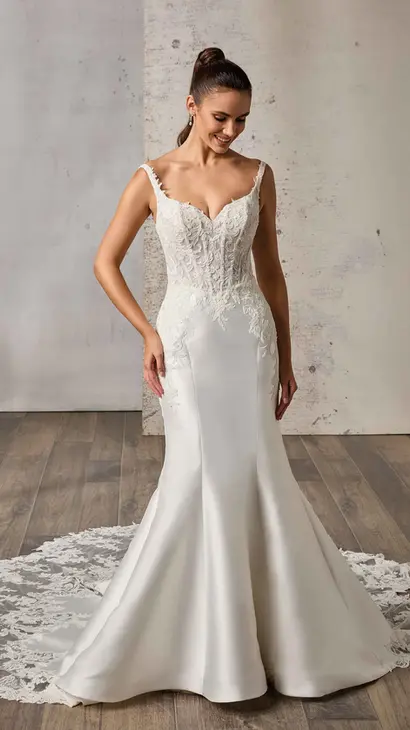 Eddy K mikado mermaid wedding dress with a sweetheart neckline and a sleeveless body on a bridal model standing in a bridal studio.