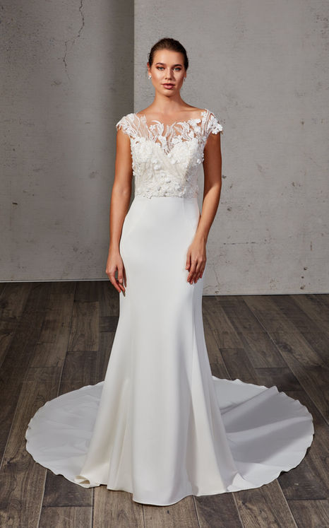 Eddy K crepe mermaid wedding dress with cap sleeve jacket with sparkle and 3D appliques