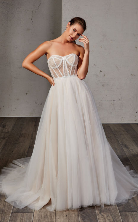 Strapless wedding dress ballgown with beaded lace, transparent bodice
