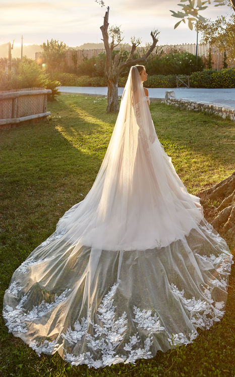 Back of Eddy K off the shoulder wedding dress with veil on fair skinned blonde woman in field during sunset.