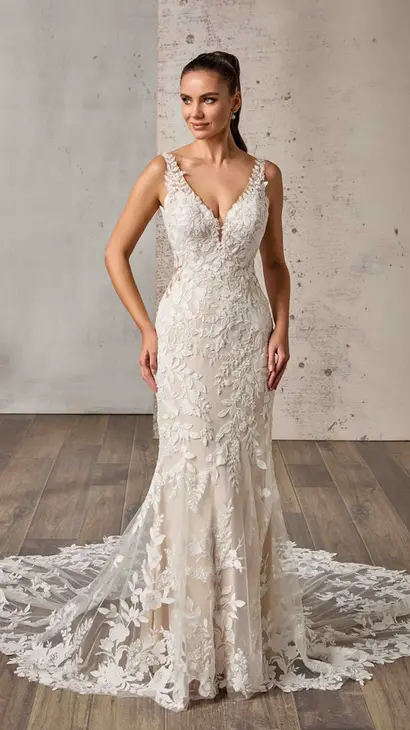 Eddy K lace and tulle fit-n-flare wedding dress with a v-neck neckline and a sleeveless body on a bridal model standing in a bridal studio.