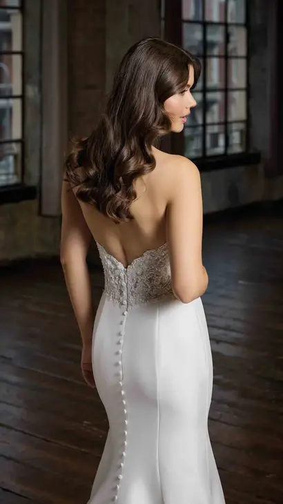 Close-up back of Eddy K ballgown mermaid dress with a straight neckline and a strapless body on a bridal model posing in a studio.