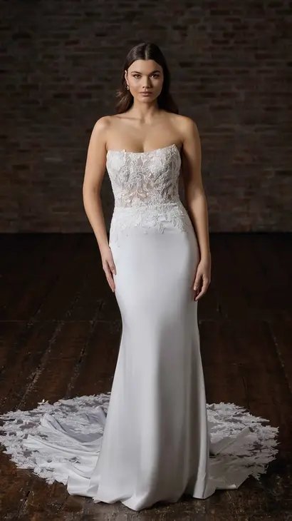 Eddy K fit-n-flare wedding dress with a straight neckline and a strapless body on a bridal model posing in a studio.