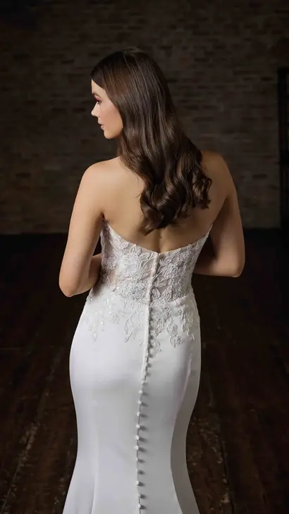 Close-up back of Eddy K fit-n-flare wedding dress with a straight neckline and a strapless body on a bridal model posing in a studio.