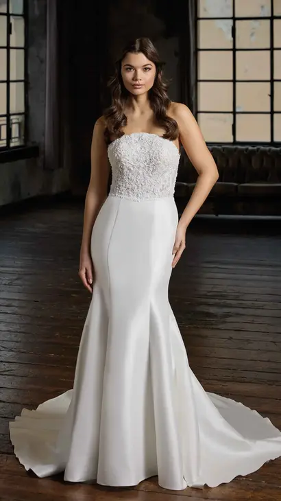 Eddy K ballgown mermaid dress with a straight neckline and a strapless body on a bridal model posing in a studio.