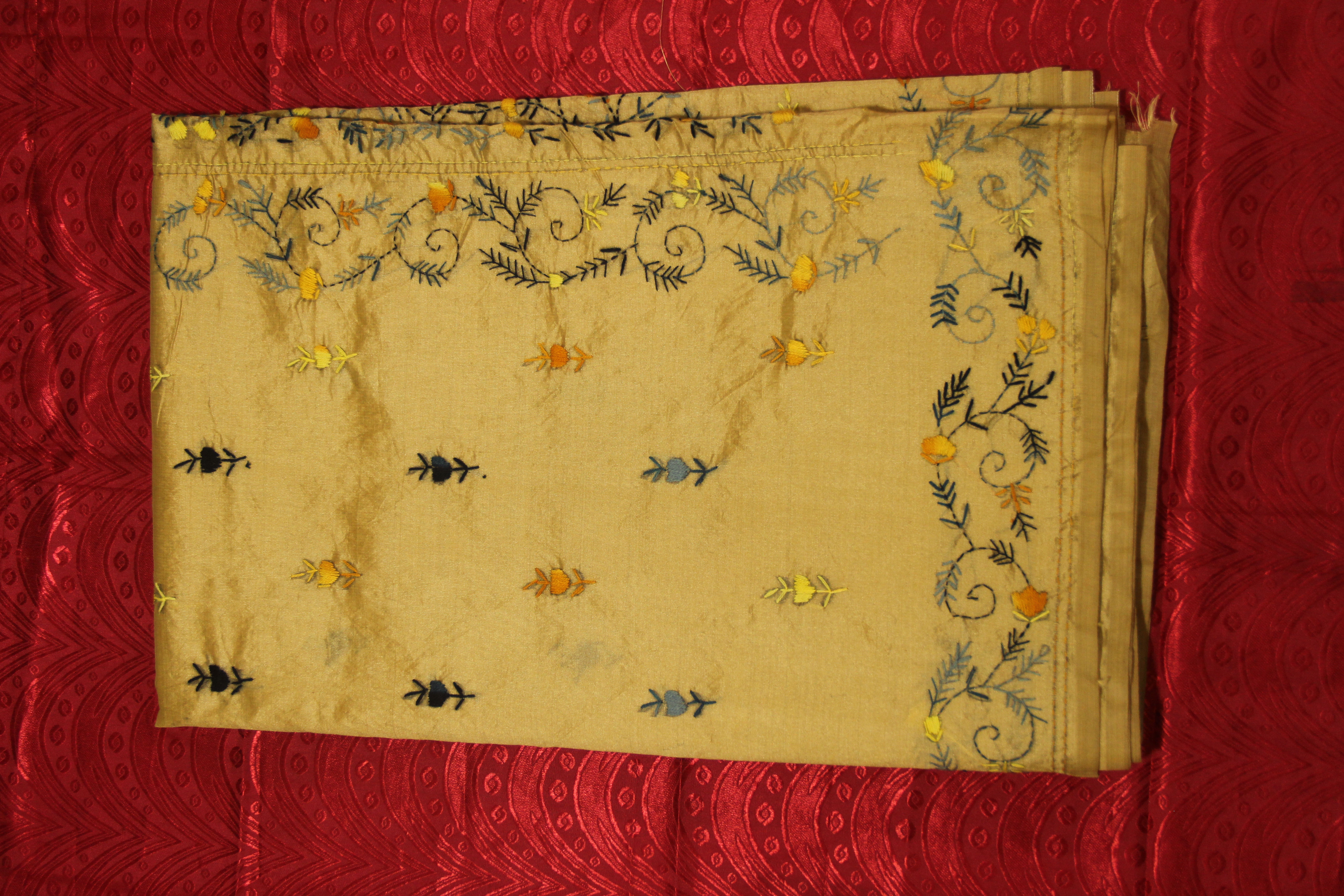 Hand woven Kantha Stitch embroidiary Tussar Silk Saree with Matching BP-Golden