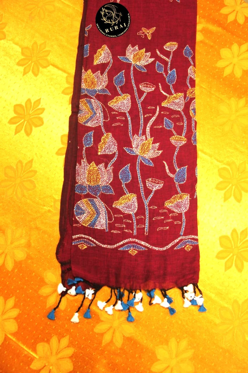 Thumbnail: Premium Quality Handwoven Kantha Stitch on Handloom Cotton Saree-Maroon