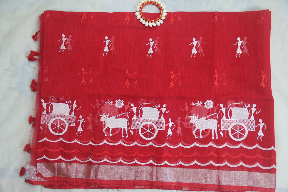 Thumbnail: Red Handloom Saree with Tribal Warli Art