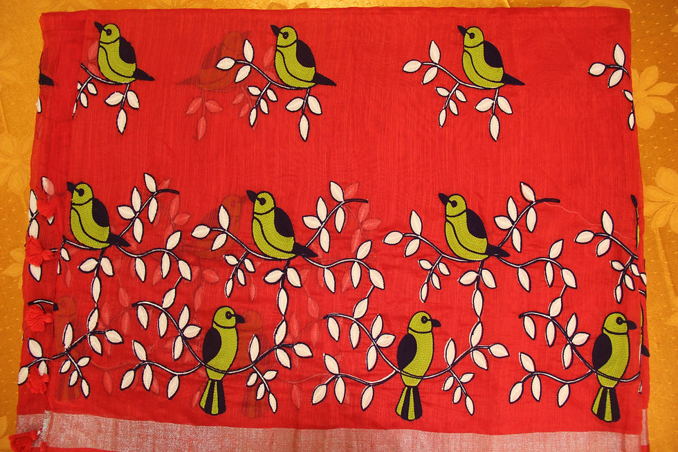 Thumbnail: Red Handloom Cotton Saree with Bird Embroidery
