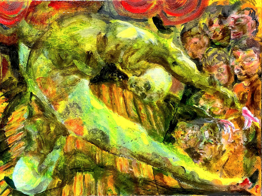 By Pushka artist, contemporary oil painting, Still ringing in her ears, Oil on canvas, 40 x 50cm, 2026.