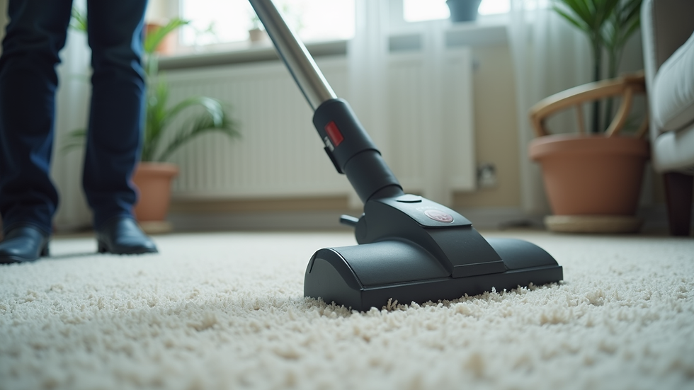 Close-up view of a professional cleaner vacuuming a carpet